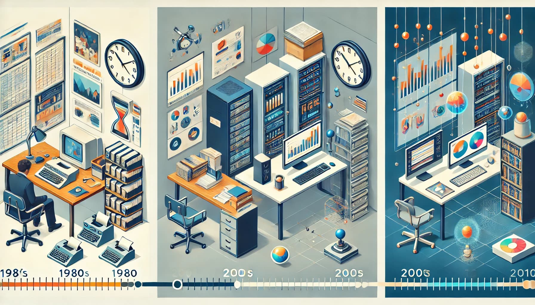 A horizontal triptych in isometric design style representing the evolution of business operations