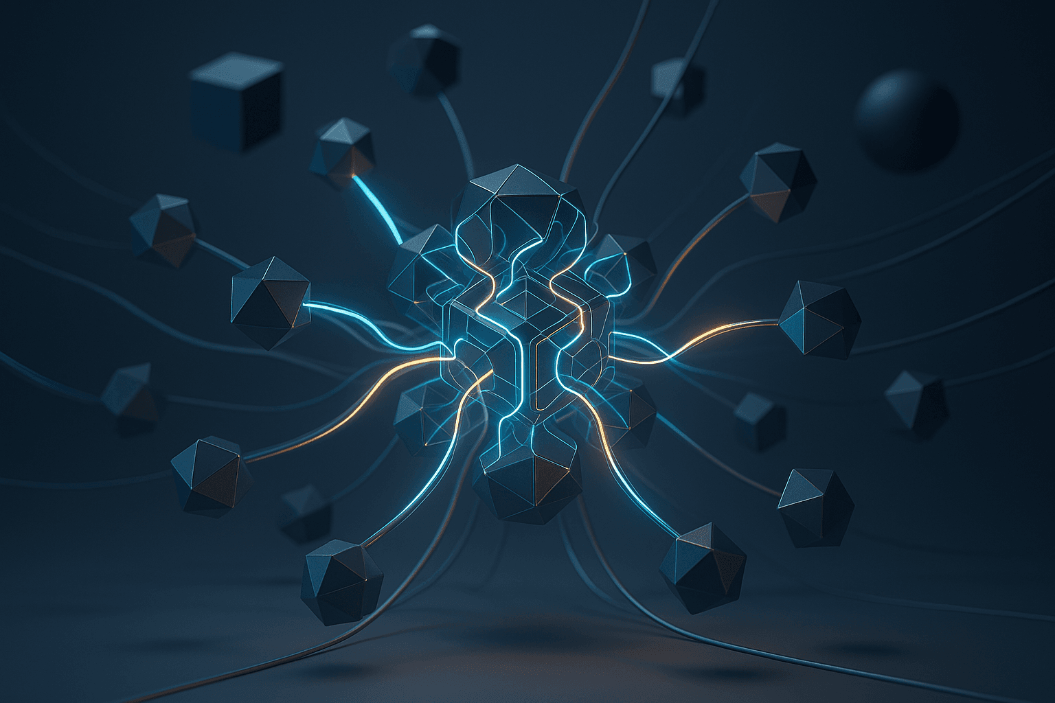 An abstract 3D render contrasting tailored and generic AI. A complex central structure with dynamic, glowing lines connecting to multiple data points represents tailored AI. In the background, an isolated, simple block represents generic AI. The image uses blues, whites, and greys with accent lighting.