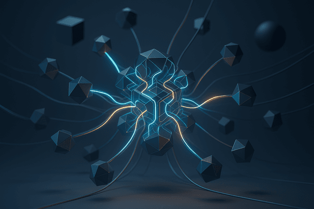 An abstract 3D render contrasting tailored and generic AI. A complex central structure with dynamic, glowing lines connecting to multiple data points represents tailored AI. In the background, an isolated, simple block represents generic AI. The image uses blues, whites, and greys with accent lighting.